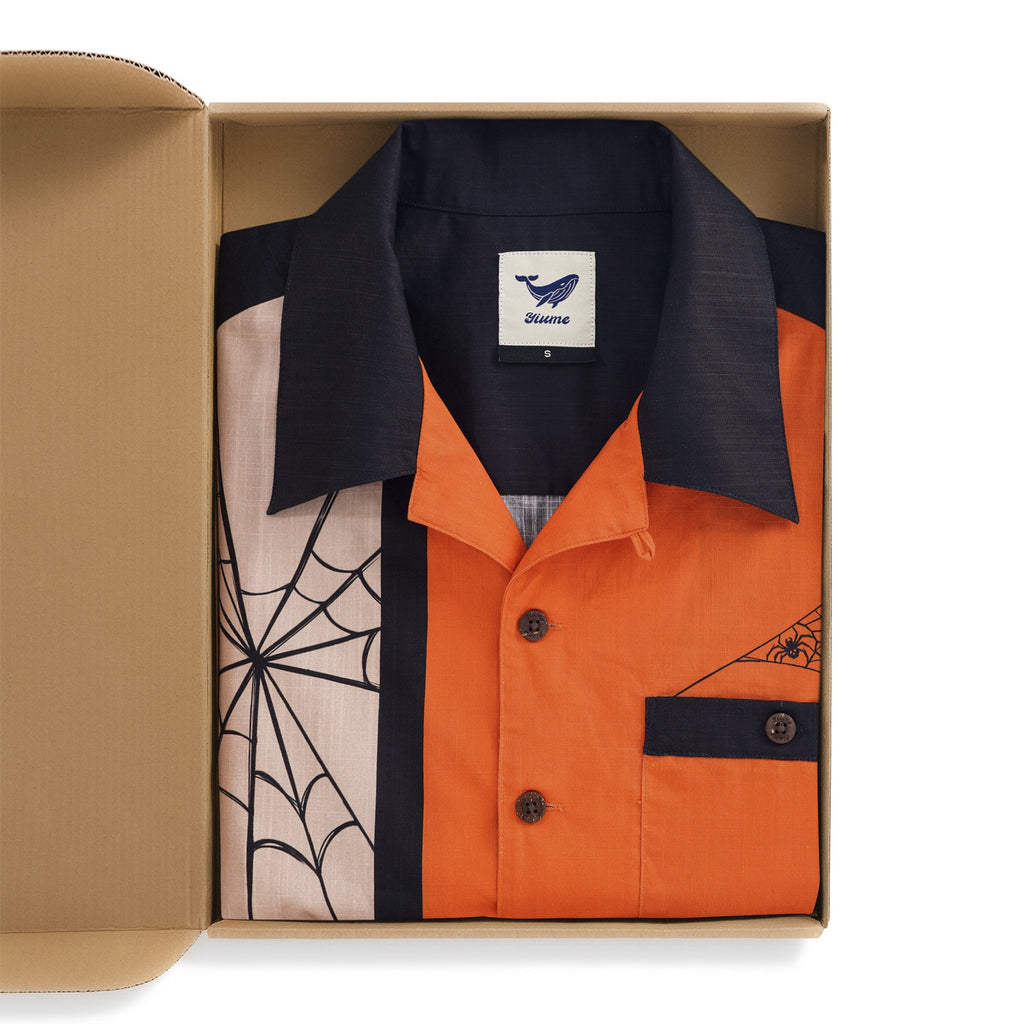 Men's Hawaiian Bowling Shirt Short Sleeve Halloween Camp Collar 100% Cotton Spider Pumpkin Lantern Shirt By Zeke