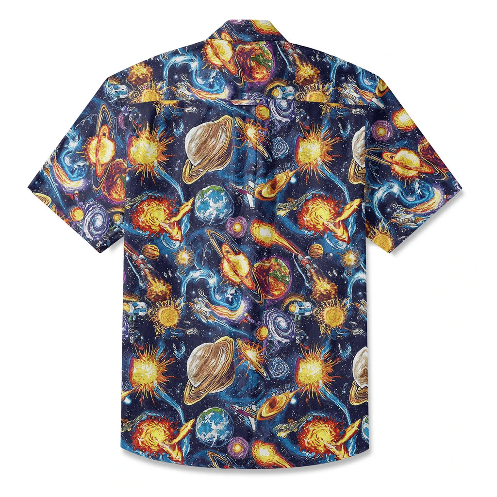 LeosWare® Men's Hawaiian Shirt Short Sleeve Button-up 100% Cotton Blue Aloha Journey Across The Stars By Ann