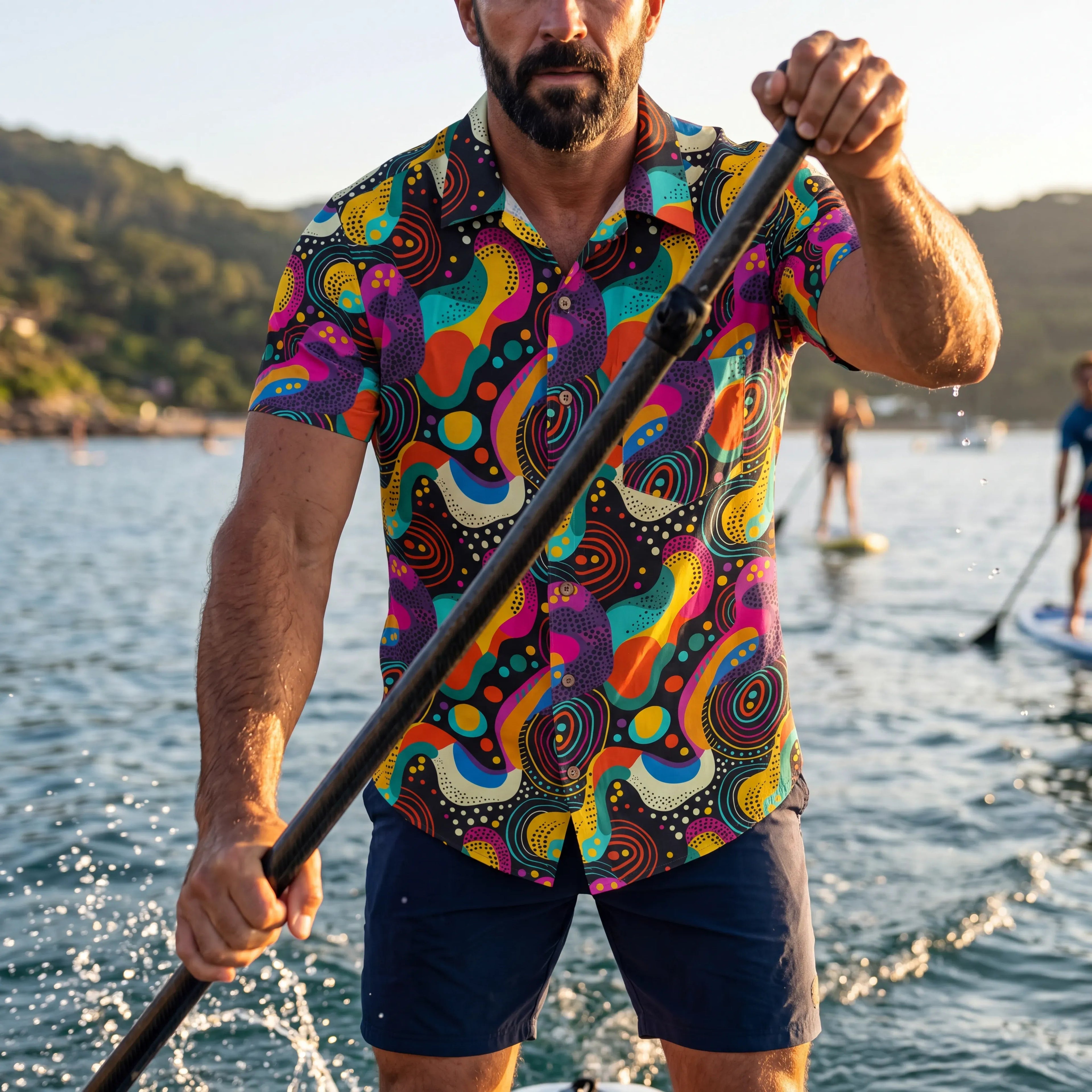 Chemise hawaïenne pour hommes LeosWare® à manches courtes avec boutons 100 % coton noire Aloha Neon Pop Fantasia par Ann