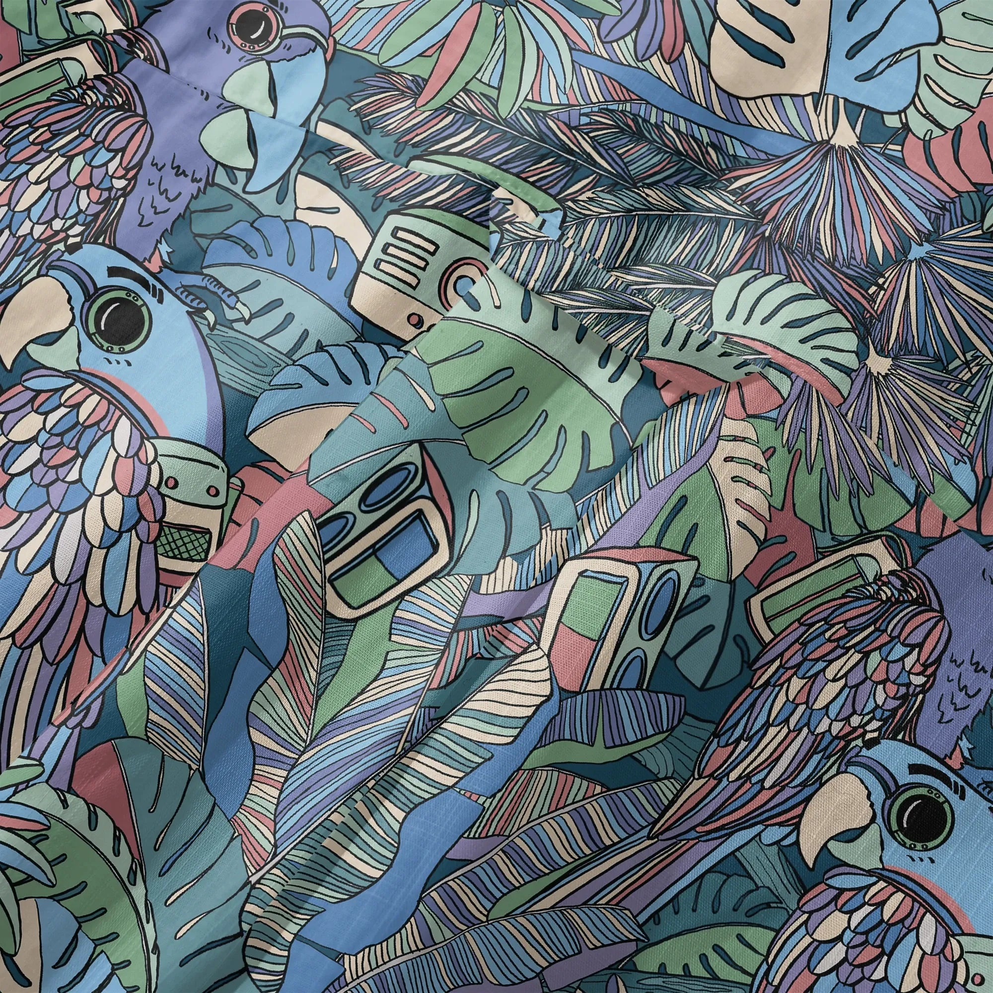 LeosWare® Men's Hawaiian Shirt Short Sleeve Button-up 100% Cotton Blue Aloha Parrot In The Enchanted Forest By Huan huan