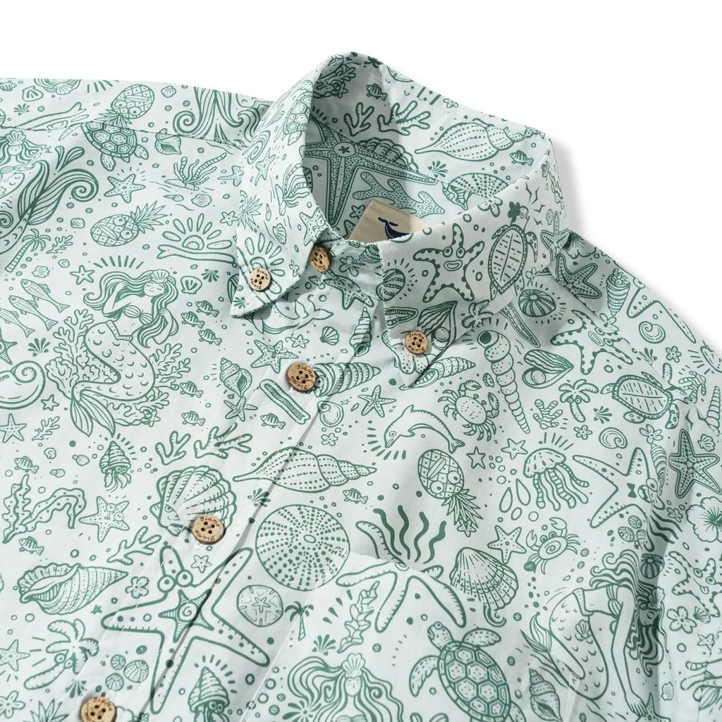 Men's Hawaiian Shirt Short Sleeve Button-down 100% Cotton Green Aloha Coastal Doodle - Sage green By Huan huan