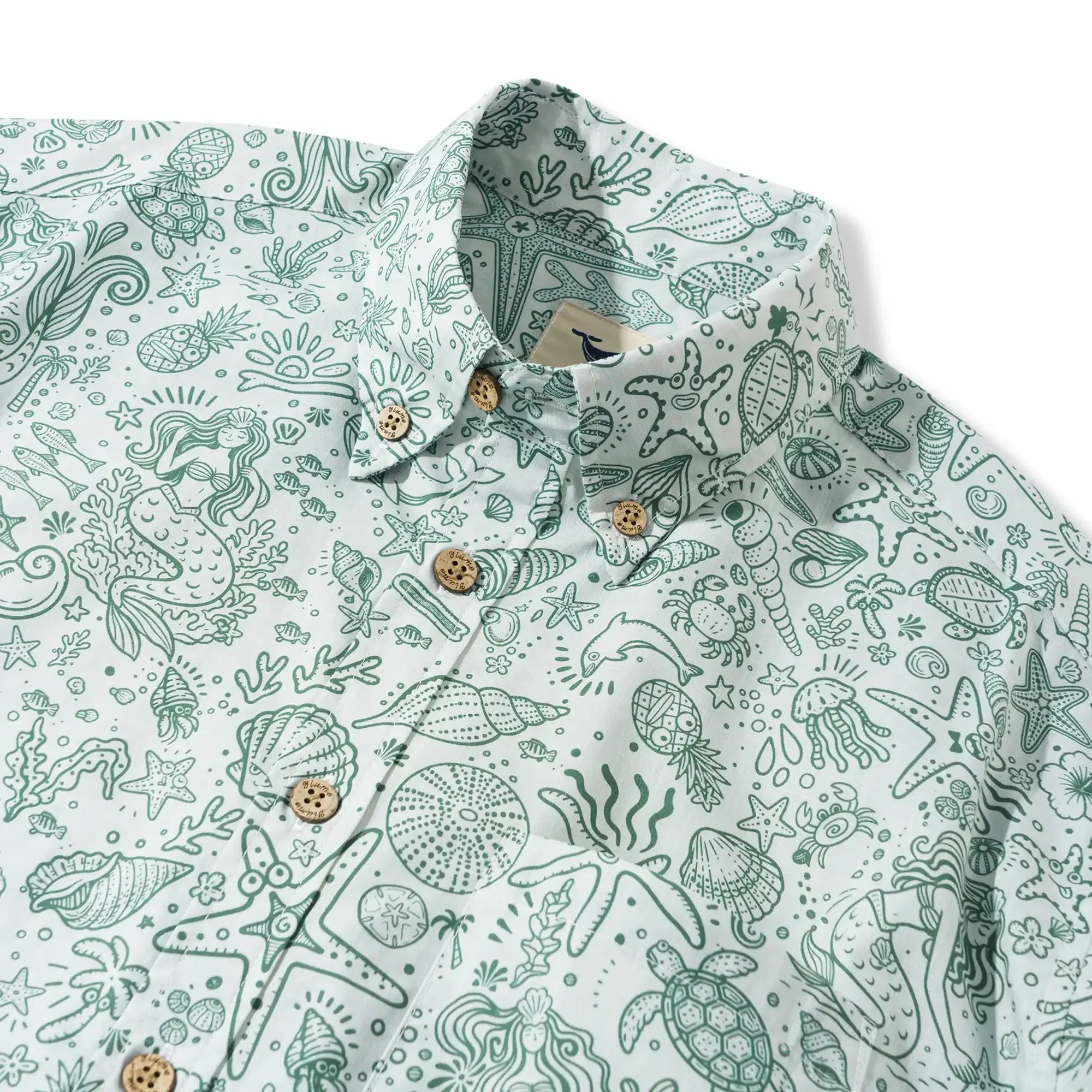 Men's Hawaiian Shirt Short Sleeve Button-down 100% Cotton Green Aloha Coastal Doodle - Sage green By Huan huan