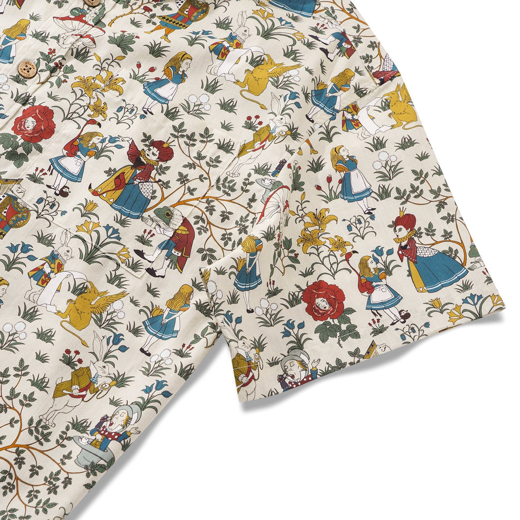 Men's Hawaiian Shirt Short Sleeve Button-down 100% Cotton Beige Aloha Alice's Wonderland By Zeke