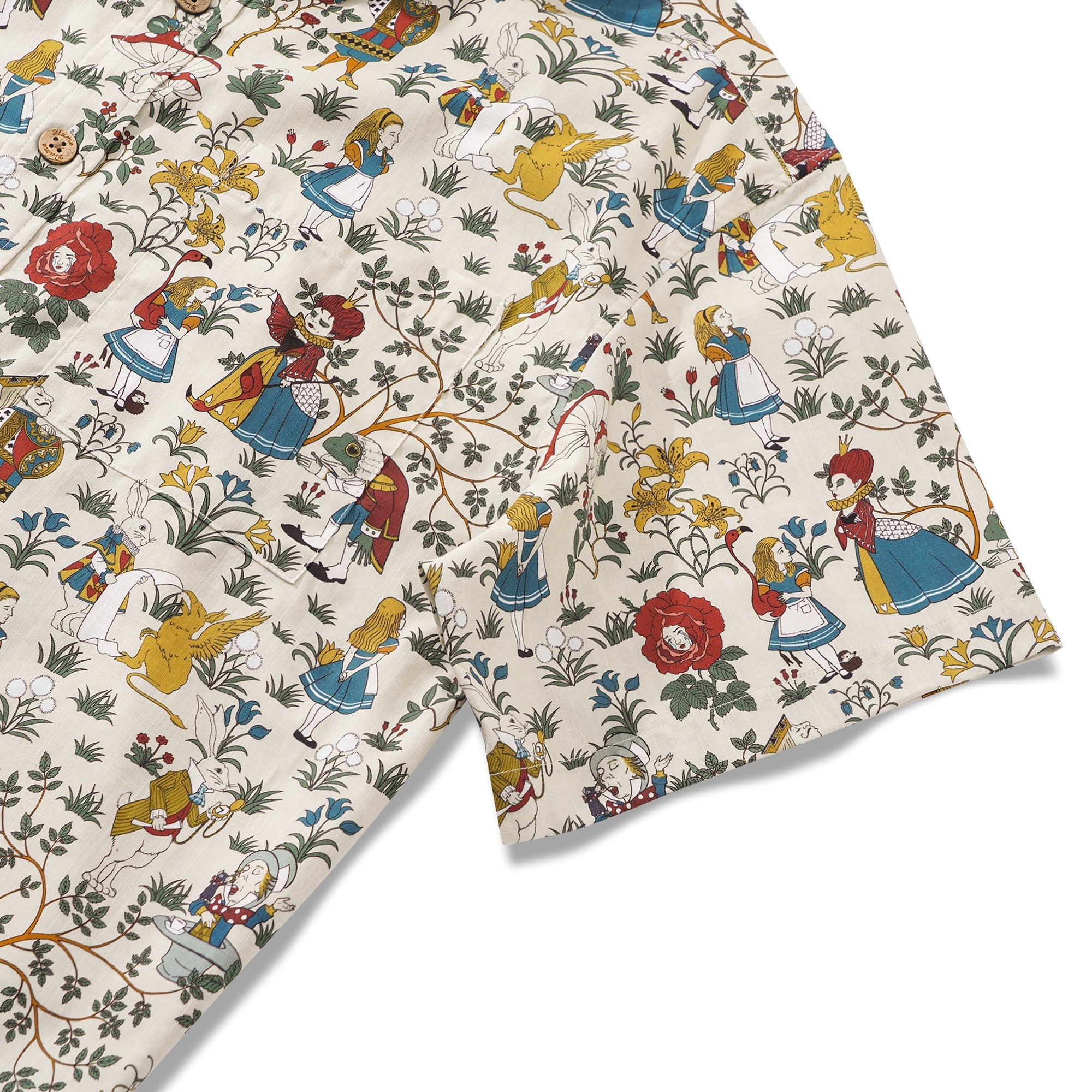 Men's Hawaiian Shirt Short Sleeve Button-down 100% Cotton Beige Aloha Alice's Wonderland By Zeke