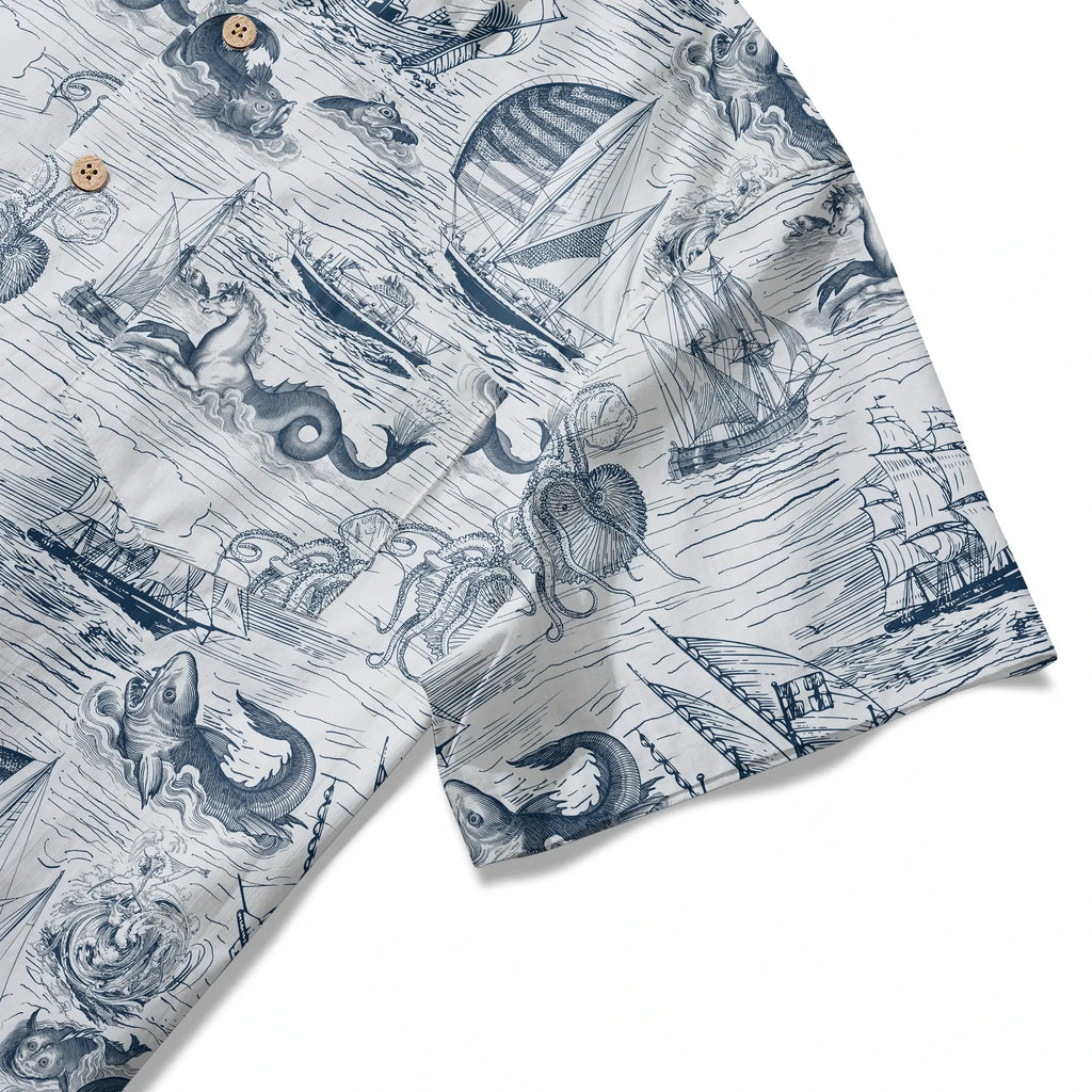 LeosWare® Myth Men's Hawaiian Shirt Short Sleeve Button-up 100% Cotton Blue Aloha Antiquity Sea Expedition By Ann