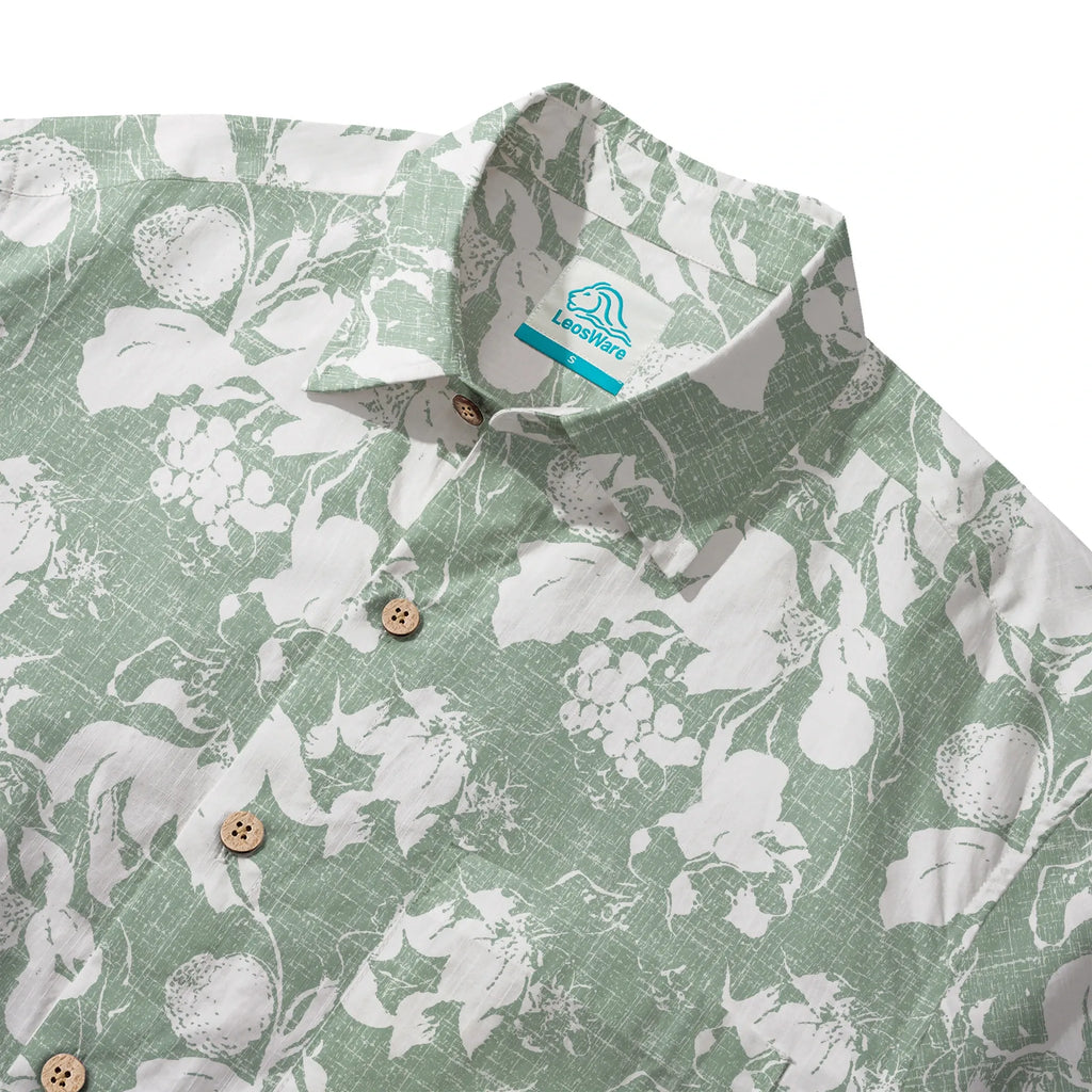 LeosWare® Flower Men's Hawaiian Shirt Short Sleeve Button-up 100% Cotton Green Aloha Verdant Memoirs By Ann