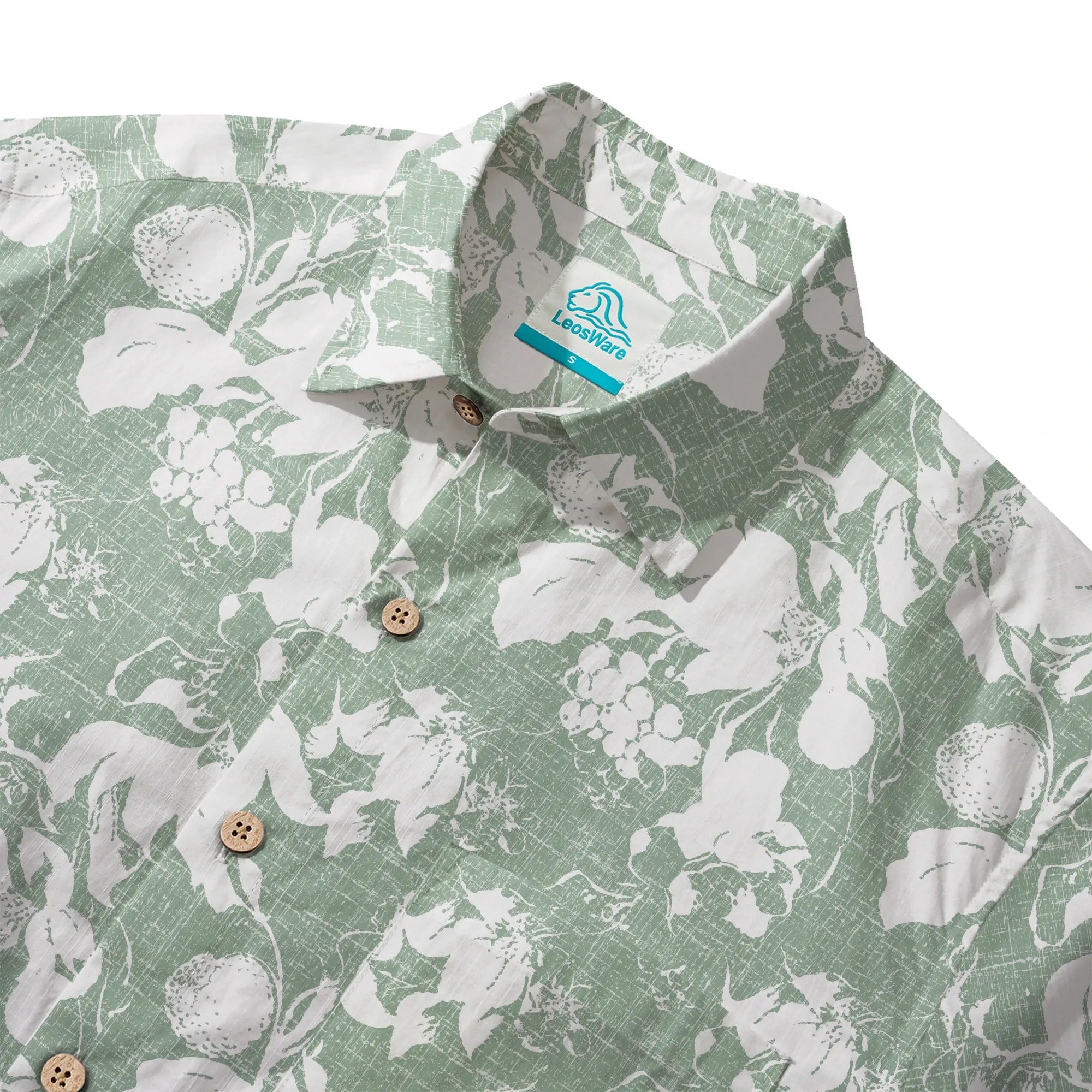 LeosWare® Flower Men's Hawaiian Shirt Short Sleeve Button-up 100% Cotton Green Aloha Verdant Memoirs By Ann