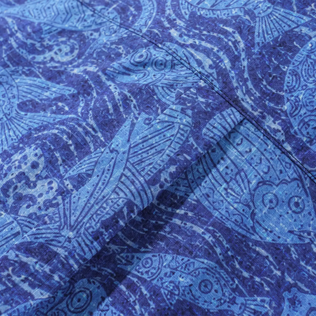 Men's Hawaiian Shirt Short Sleeve Button-down 100% Cotton Blue Aloha Indigo School Of Fish By Huan huan