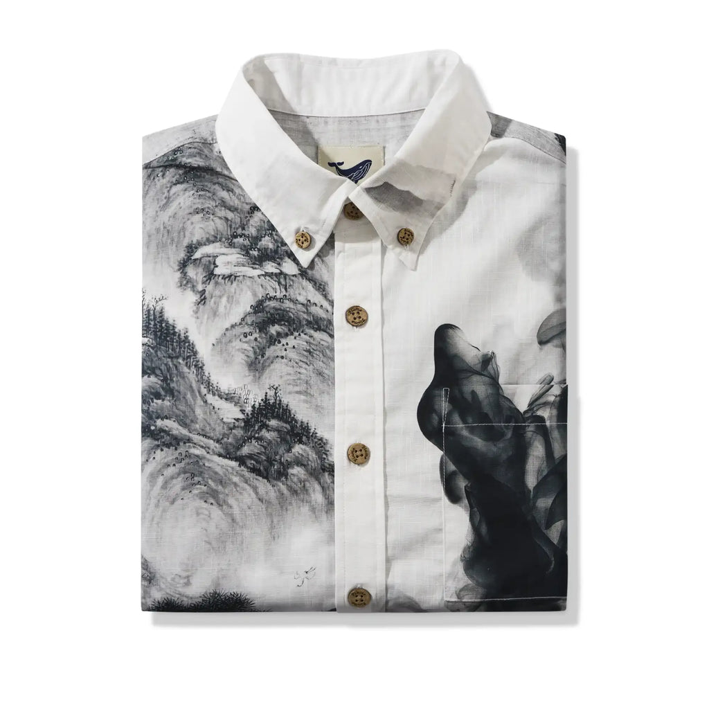 Men's Hawaiian Shirt Short Sleeve Button-down 100% Cotton Black Aloha Oriental Inkscape By DUDU