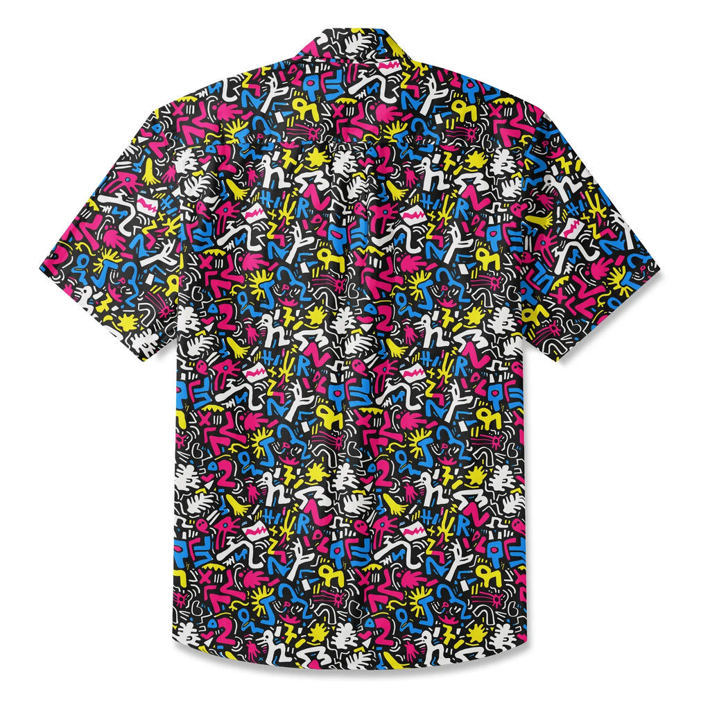 LeosWare® Men's Hawaiian Shirt Short Sleeve Button-up 100% Cotton Black Aloha Graffiti Fun By Ann