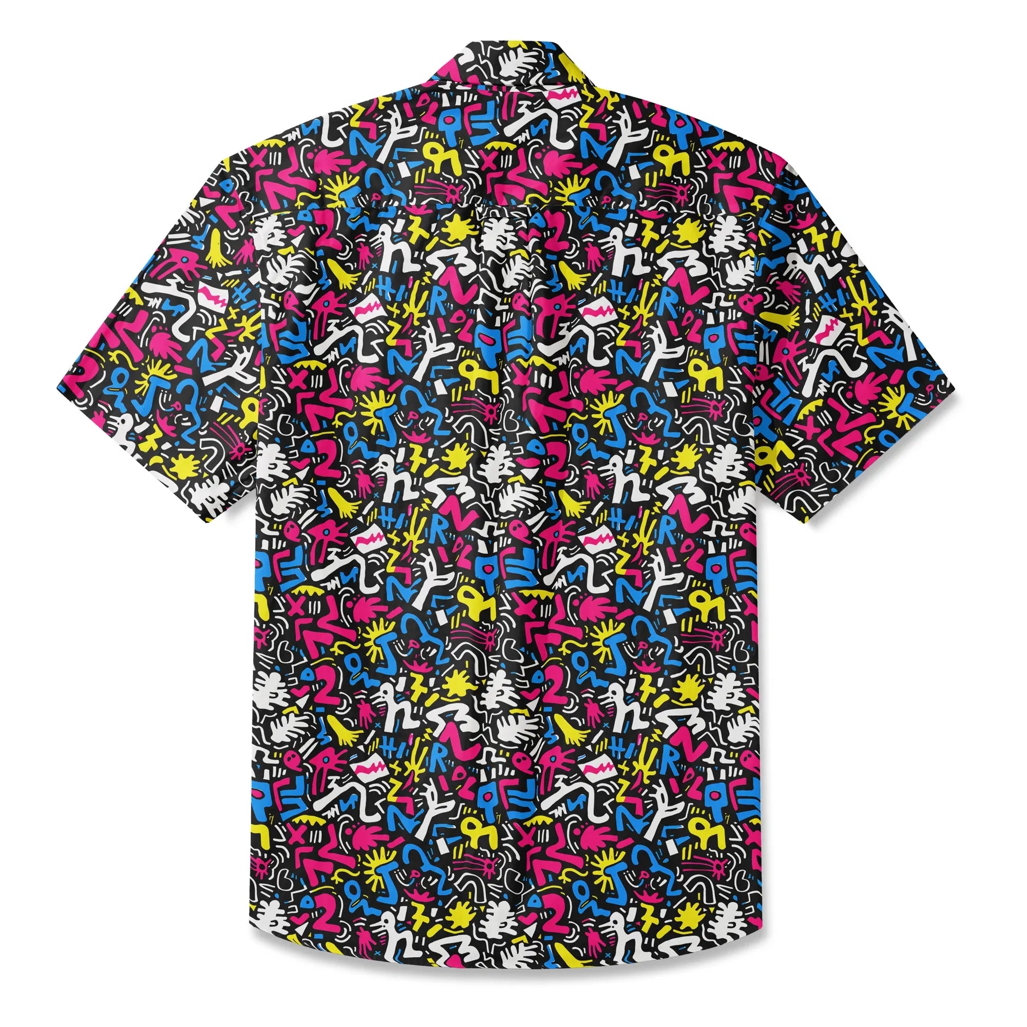 LeosWare® Men's Hawaiian Shirt Short Sleeve Button-up 100% Cotton Black Aloha Graffiti Fun By Ann