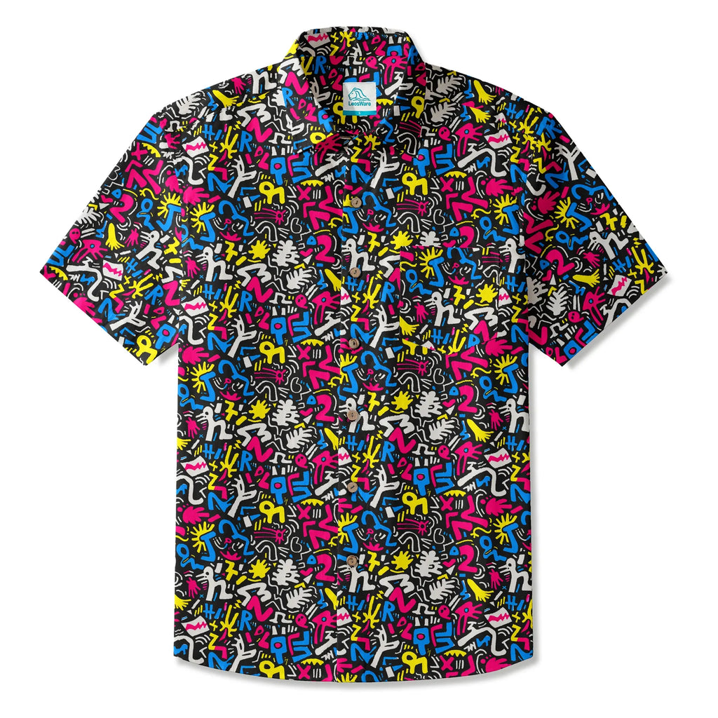 LeosWare® Men's Hawaiian Shirt Short Sleeve Button-up 100% Cotton Black Aloha Graffiti Fun By Ann