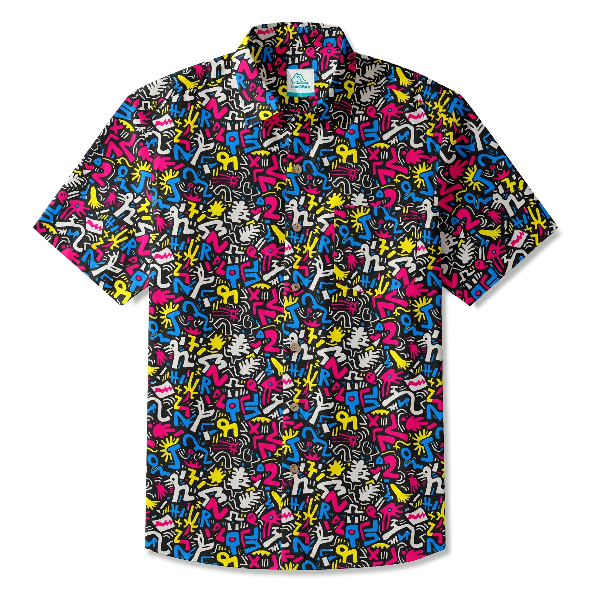 LeosWare® Men's Hawaiian Shirt Short Sleeve Button-up 100% Cotton Black Aloha Graffiti Fun By Ann