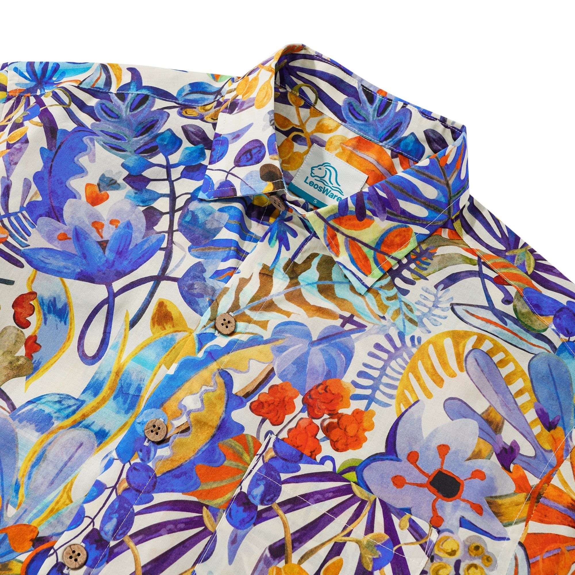 LeosWare® Men's Hawaiian Shirt Short Sleeve Button-up 100% Cotton Blue Aloha Tropical Floral Painting By Ethan