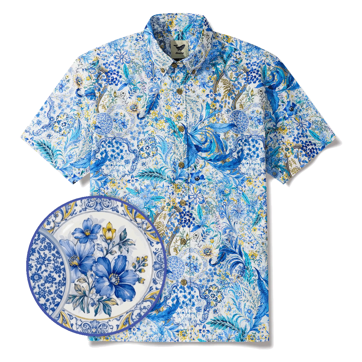 Men's Hawaiian Shirt Short Sleeve Button-down 100% Cotton Blue Aloha Sicilian Bloom By Mo