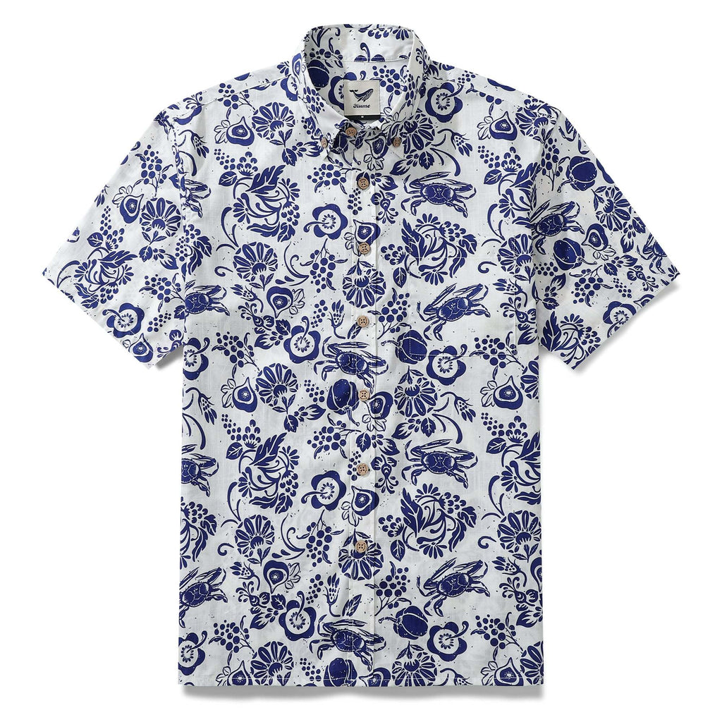 Yiume Men's Retro Hawaiian Shirt Blue Batik Style Shirt 100% Cotton Short Sleeve Button-Down Wrinkle Free Shirt By Evan