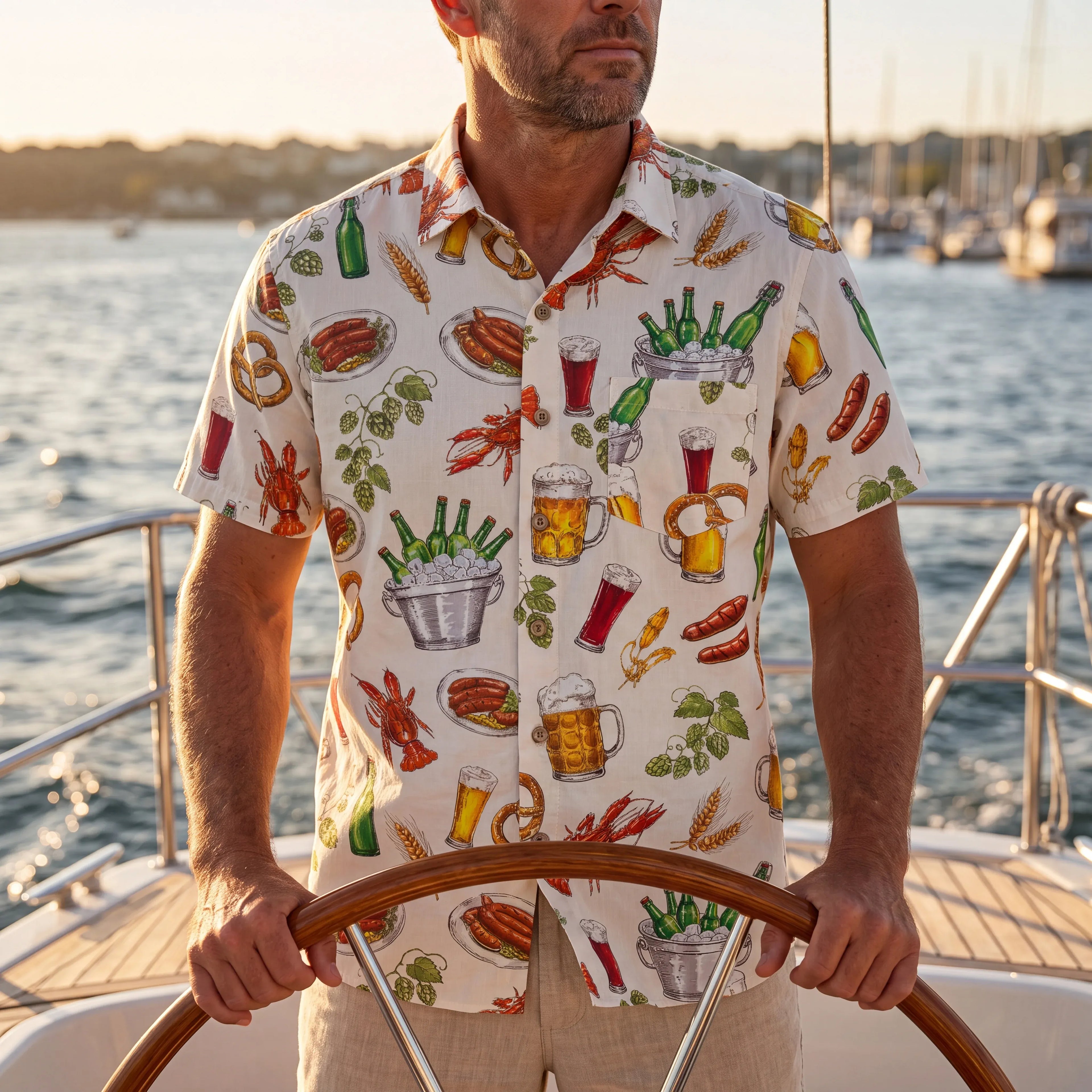 LeosWare® Men's Hawaiian Shirt Short Sleeve Button-up 100% Cotton Beige Aloha Beer Festival Feast Carnival By Ann