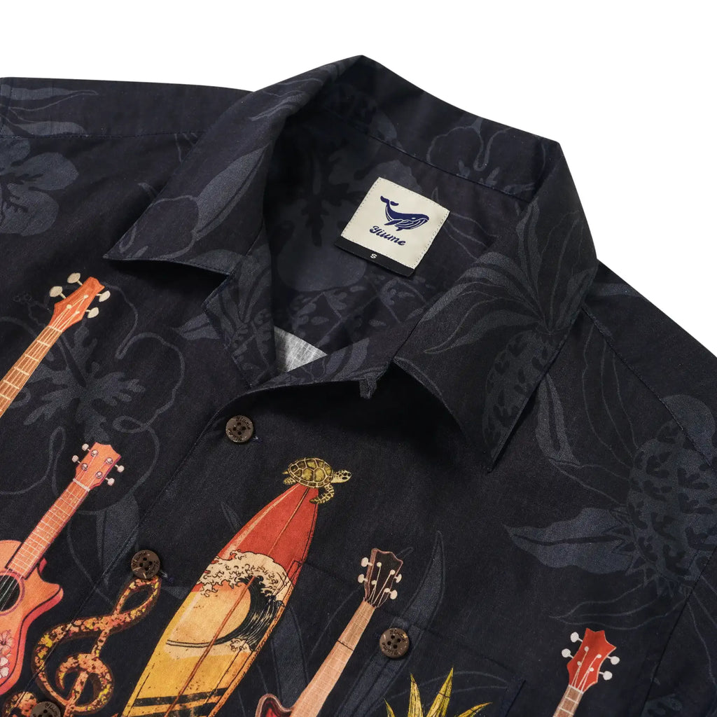 Music Men's Hawaiian Shirt Short Sleeve Camp Collar 100% Cotton Black Aloha Island Serenade By Mo