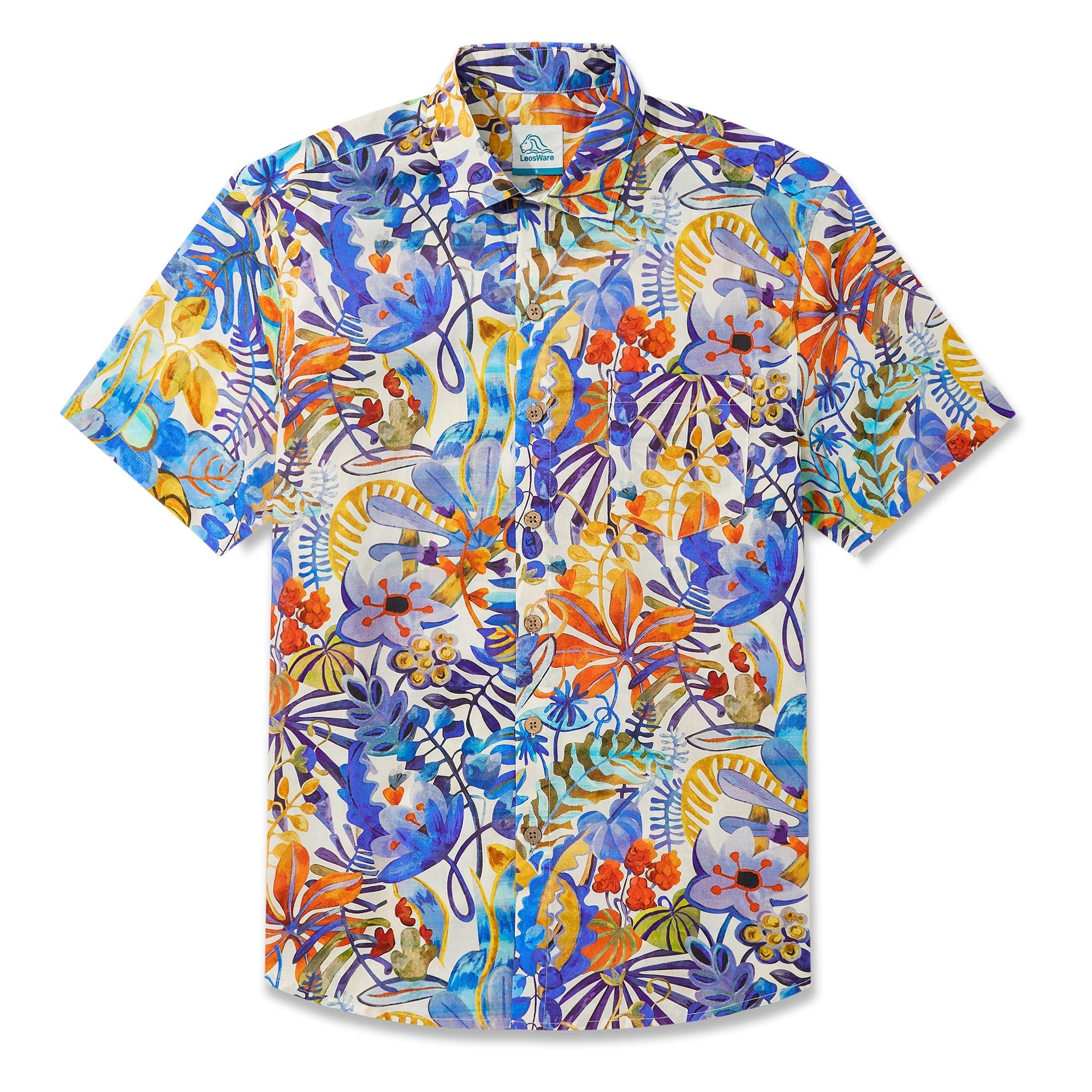 LeosWare® Men's Hawaiian Shirt Short Sleeve Button-up 100% Cotton Blue Aloha Tropical Floral Painting By Ethan