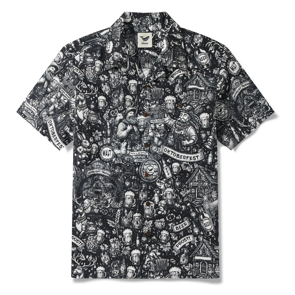 Men's Hawaiian Shirt Short Sleeve Camp Collar 100% Cotton Black Aloha Tavern Revelry Night By DUDU