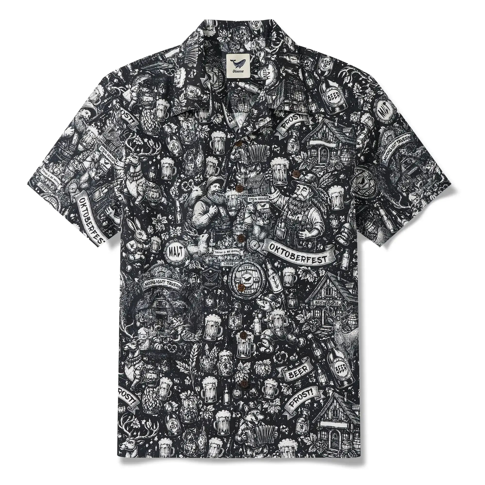 Men's Hawaiian Shirt Short Sleeve Camp Collar 100% Cotton Black Aloha Tavern Revelry Night By DUDU