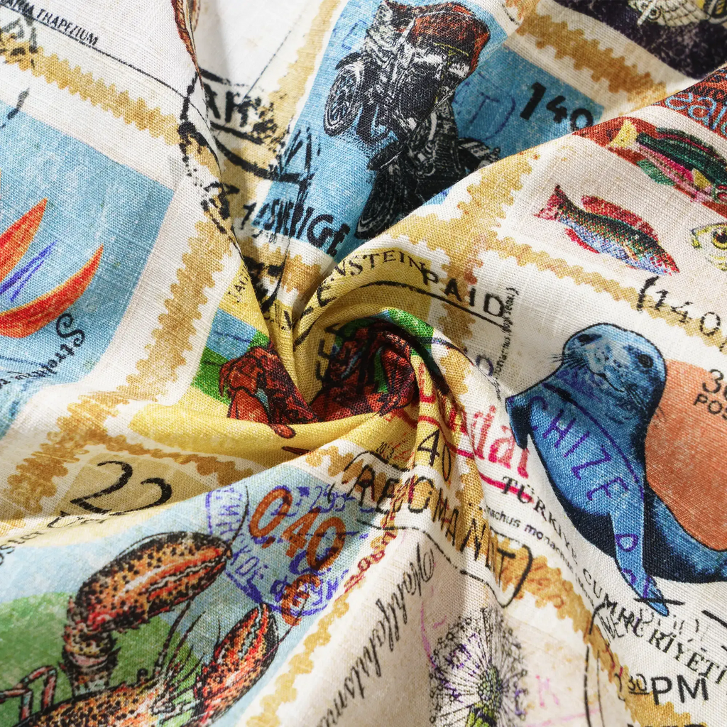 Men's Hawaiian Shirt Short Sleeve Button-down 100% Cotton White Aloha Nautical Vintage Car Postage Stamp Collage By Huan huan