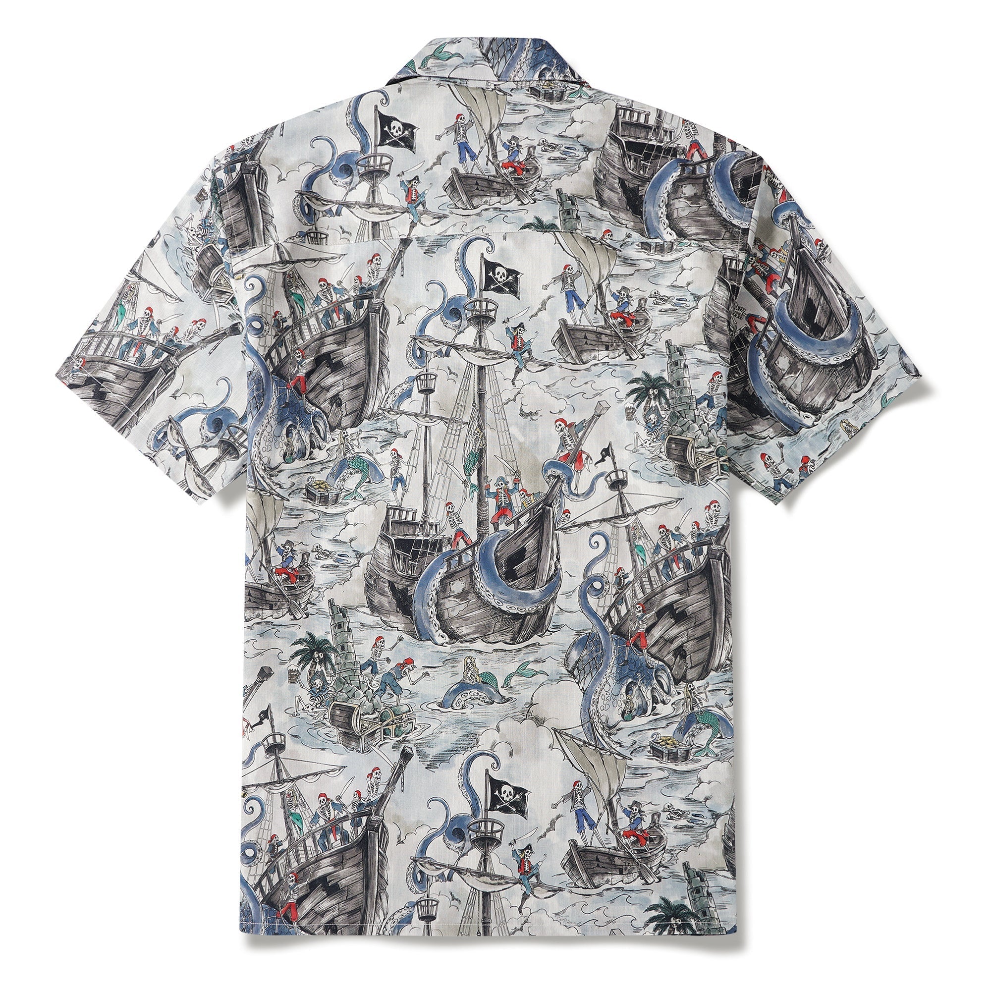 Men's Hawaiian Shirt Short Sleeve Camp Collar 100% Cotton Blue Aloha Mermaid's Skull Island By Zeke