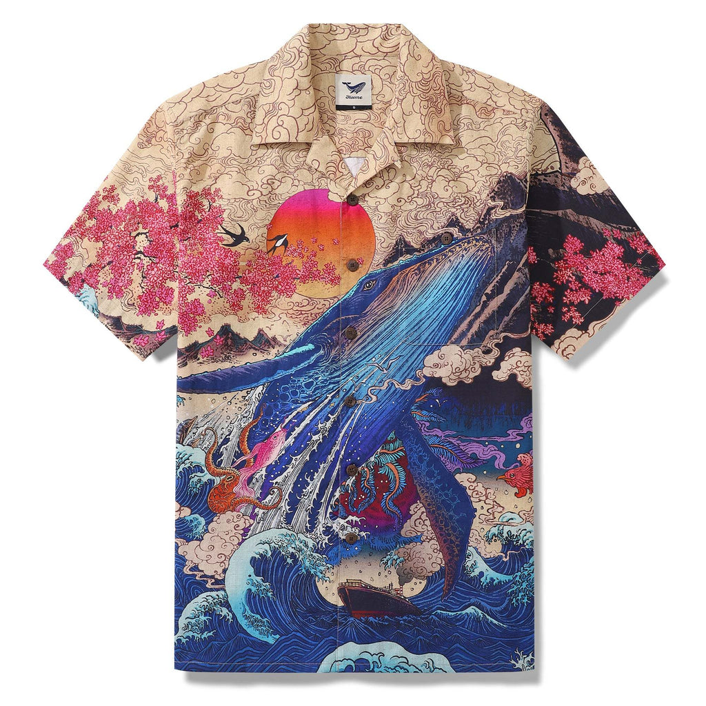 Yiume Ukiyo-e Hawaiian Shirt 100% Cotton Shirt For Men Camp Collar Aloha Shirt Ukiyo-e No6 By Rlon