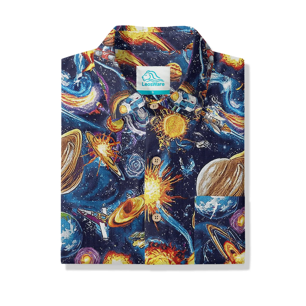 LeosWare® Men's Hawaiian Shirt Short Sleeve Button-up 100% Cotton Blue Aloha Journey Across The Stars By Ann