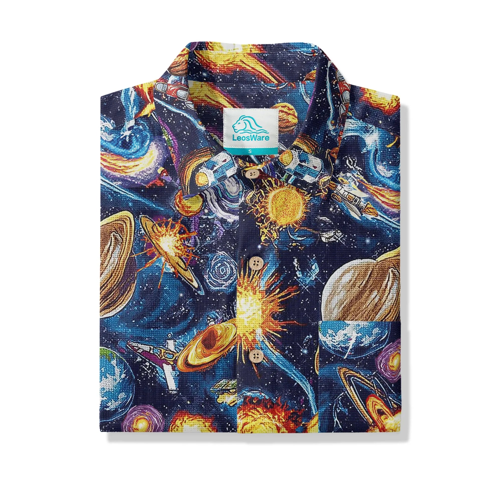LeosWare® Men's Hawaiian Shirt Short Sleeve Button-up 100% Cotton Blue Aloha Journey Across The Stars By Ann