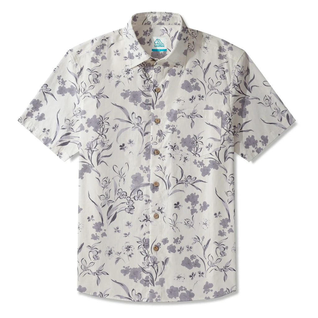 LeosWare® Men's Hawaiian Shirt Short Sleeve Button-up 100% Cotton Gray Aloha Exquisite Art Gray Floral Design By Huan huan