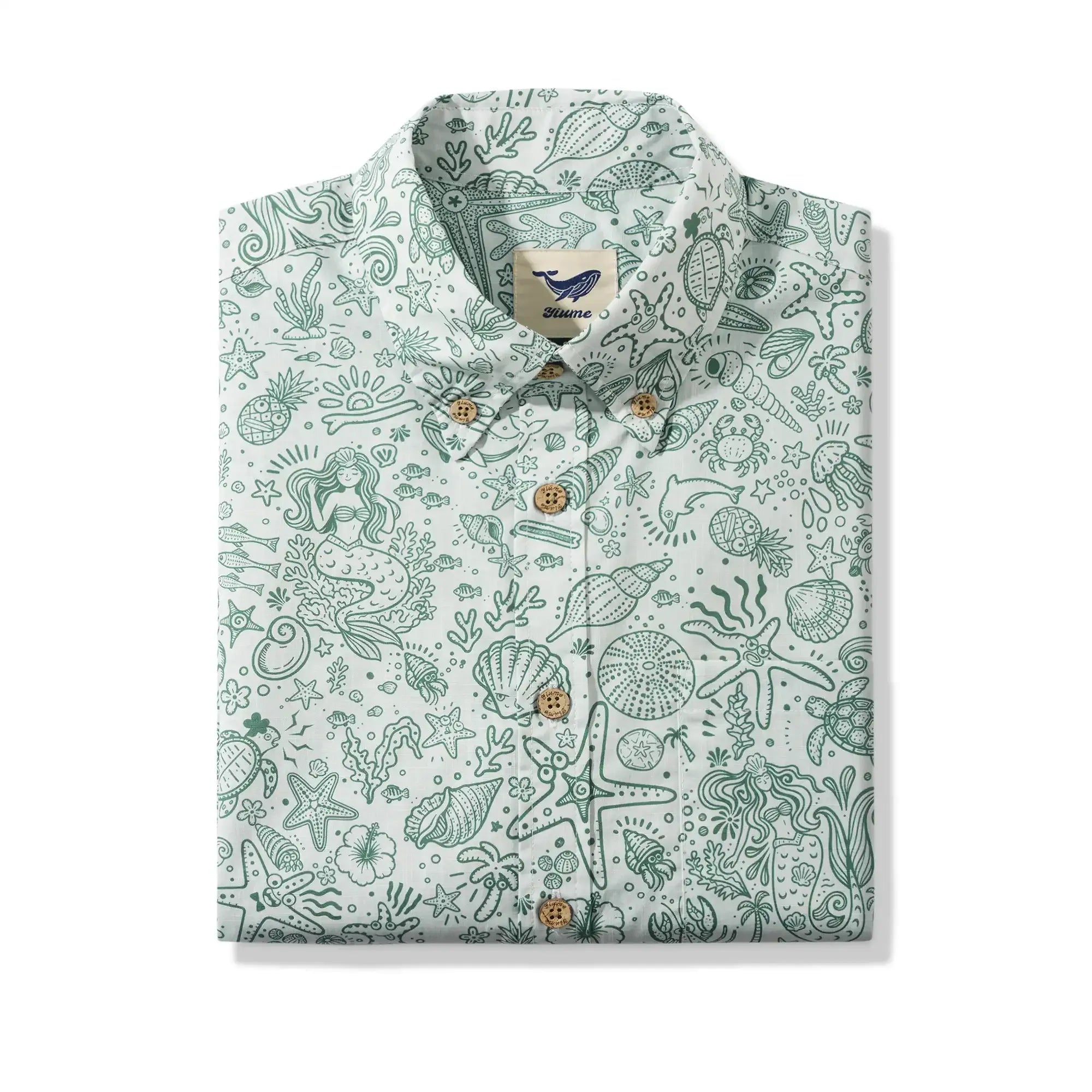 Men's Hawaiian Shirt Short Sleeve Button-down 100% Cotton Green Aloha Coastal Doodle - Sage green By Huan huan
