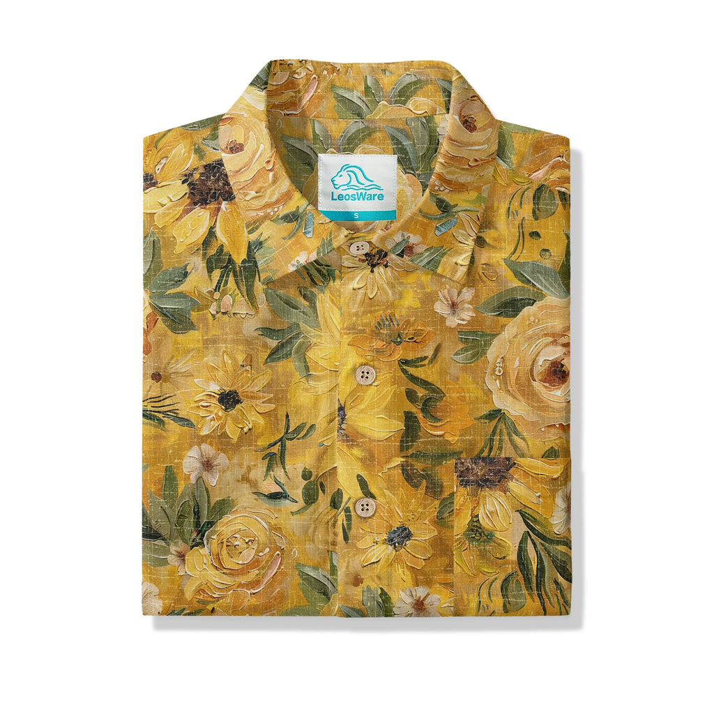 LeosWare® Men's Hawaiian Shirt Short Sleeve Button-up 100% Cotton Yellow Aloha Golden Sunflower Warmth By Ann
