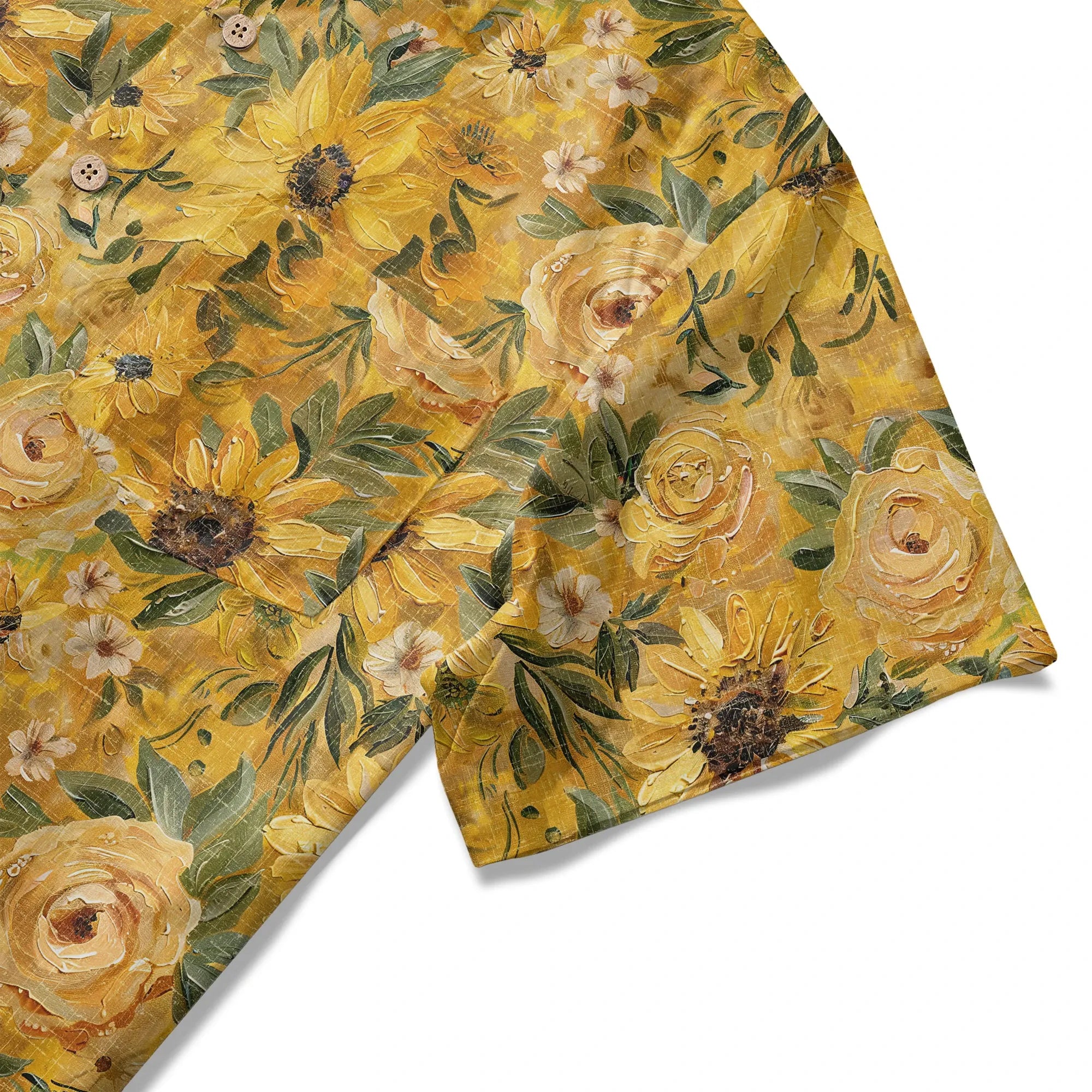 LeosWare® Men's Hawaiian Shirt Short Sleeve Button-up 100% Cotton Yellow Aloha Golden Sunflower Warmth By Ann