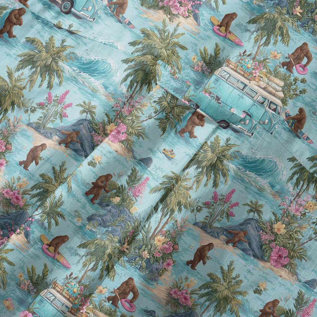 LeosWare® Men's Hawaiian Shirt Short Sleeve Button-up 100% Cotton Blue Aloha Tropical Drift Of Bigfoot By Ann