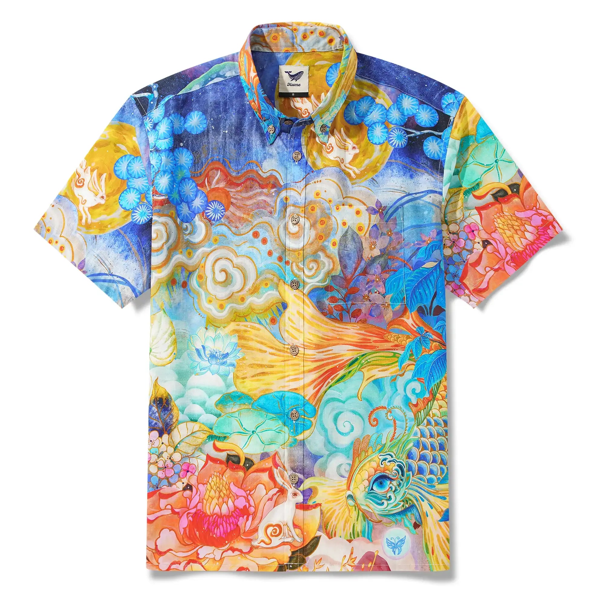 Yiume Men's Designer Hawaiian Shirt Cloud-wandering Koi Print Cotton Blue Aloha Shirt By Sylvia