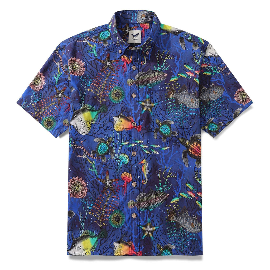 Deep Blue Hawaiian Shirt For Men Underwater World Short Sleeve Button-down Cotton Shirt By Seven