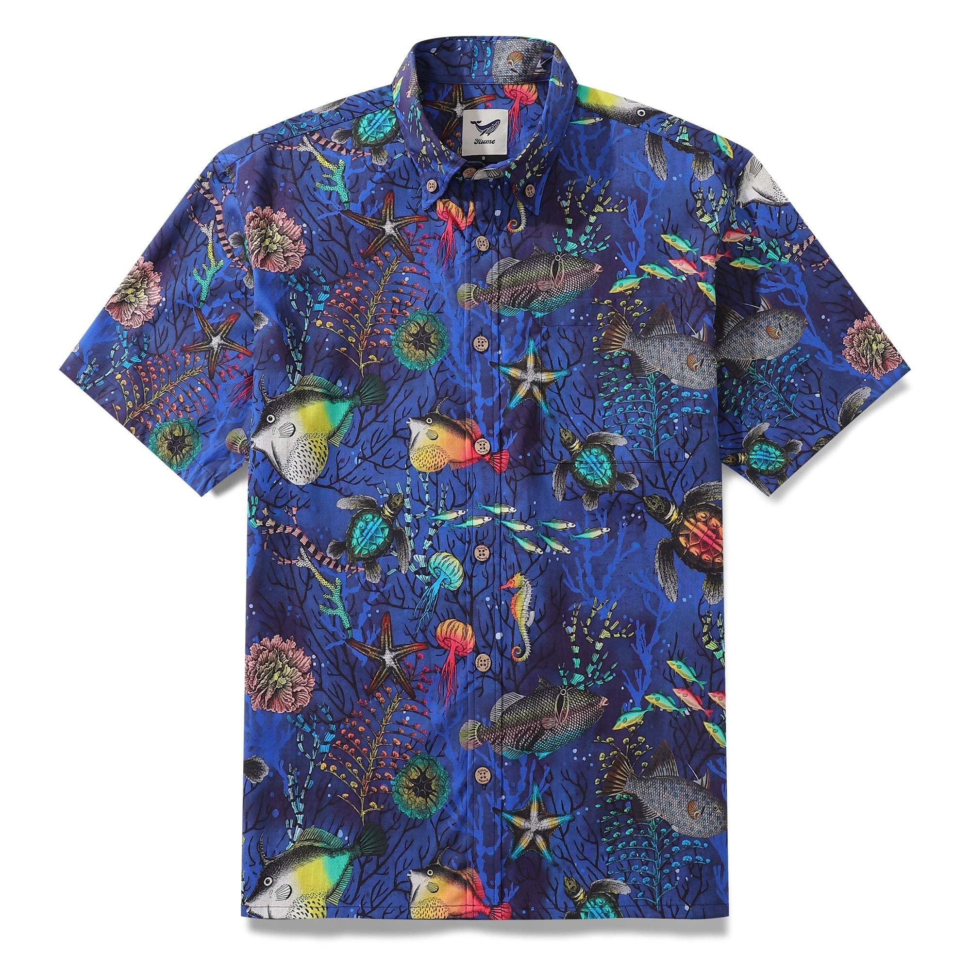 Deep Blue Hawaiian Shirt For Men Underwater World Short Sleeve Button-down Cotton Shirt By Seven