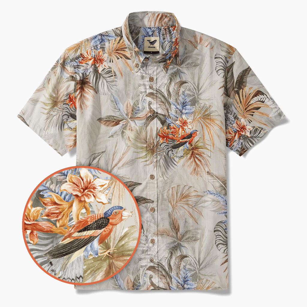 Men's Hawaiian Shirt Short Sleeve Button-down 100% Cotton Gray Aloha Tropical Paradise Scroll By DUDU