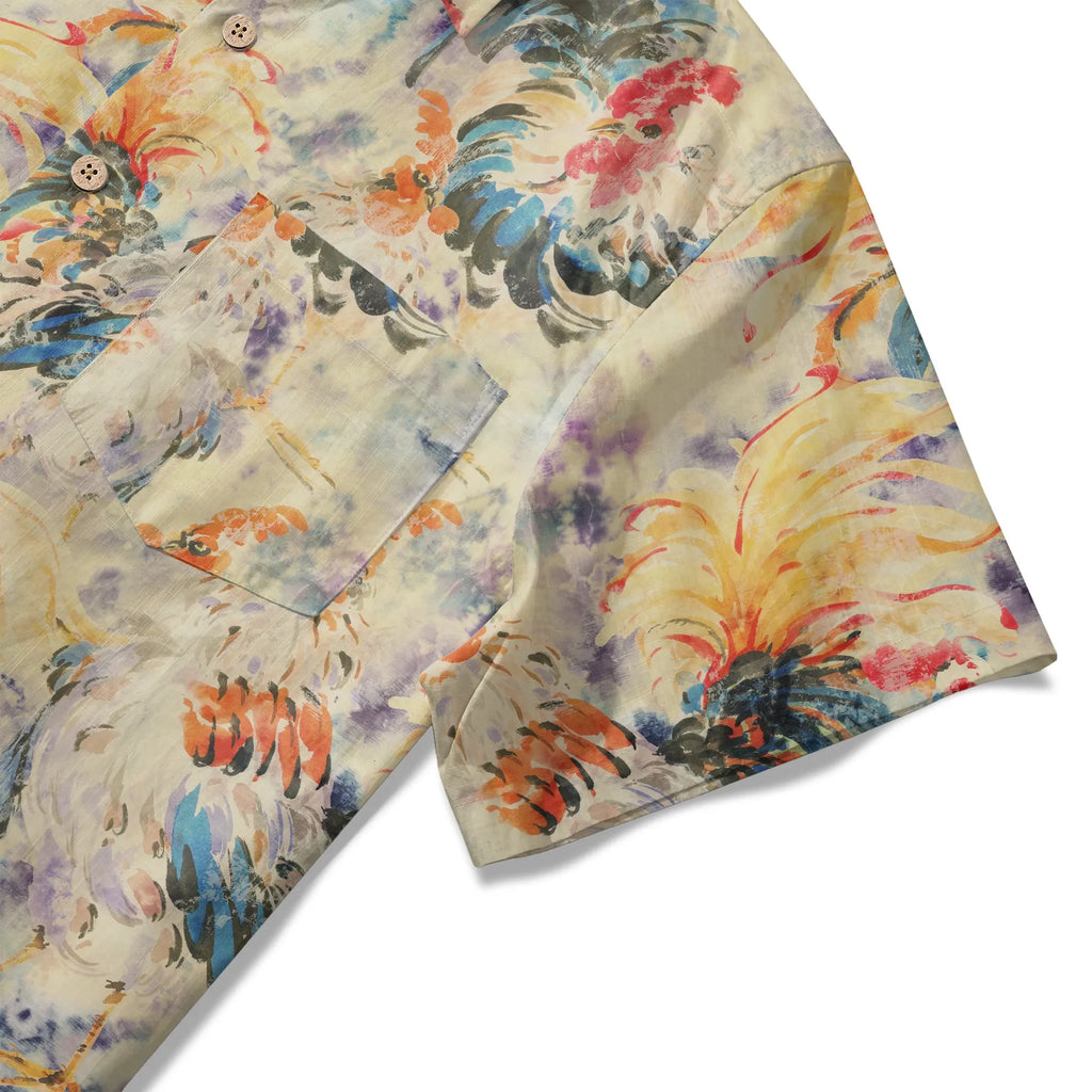 LeosWare® Men's Hawaiian Shirt Short Sleeve Button-up 100% Cotton Orange Aloha Enchanting Rooster By Huan huan