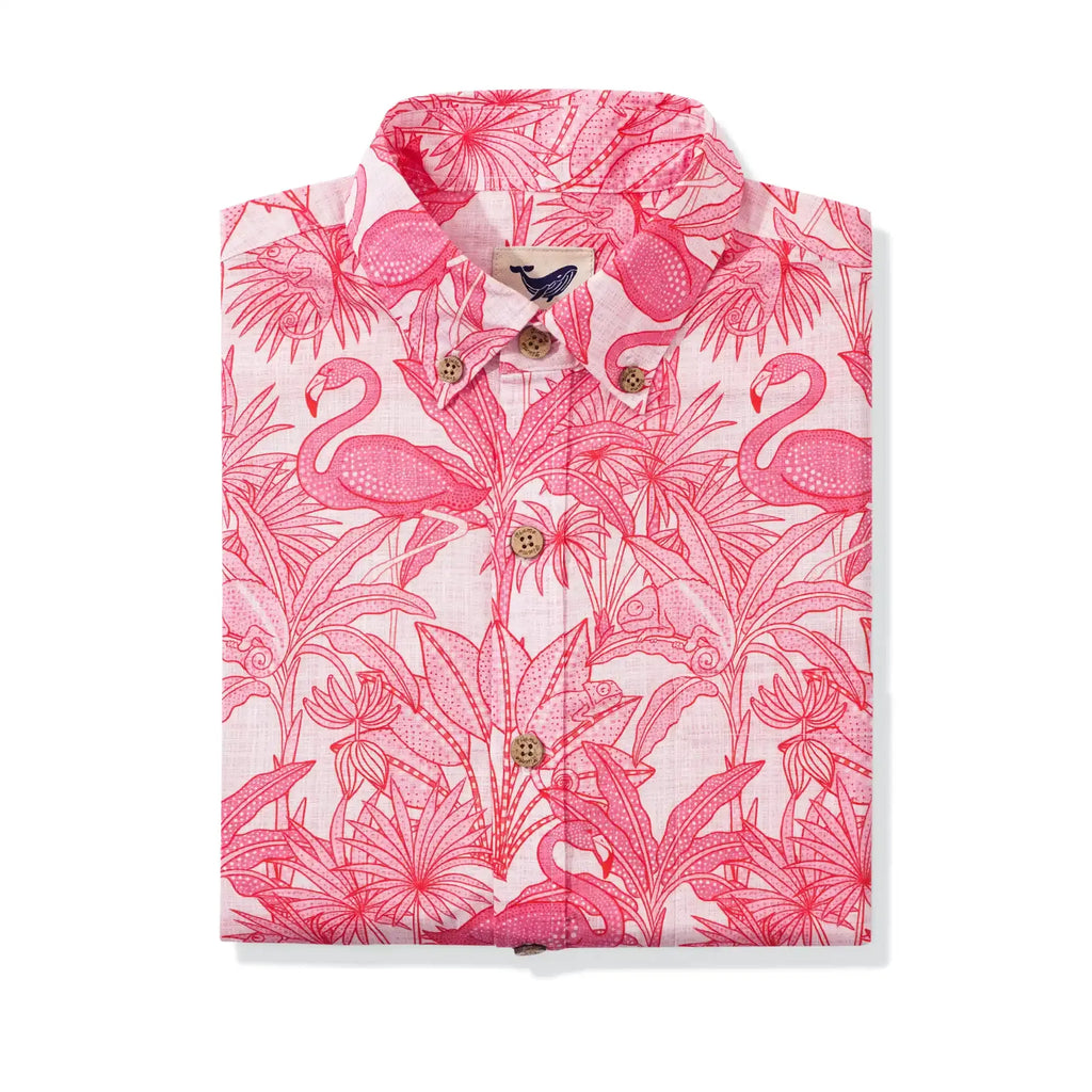 Yiume Men's Pink Hawaiian Shirt Flamingos Shirt 100% Cotton Short Sleeve Button-down Shirt Aloha Flamingos & Chameleons By House of Haricot
