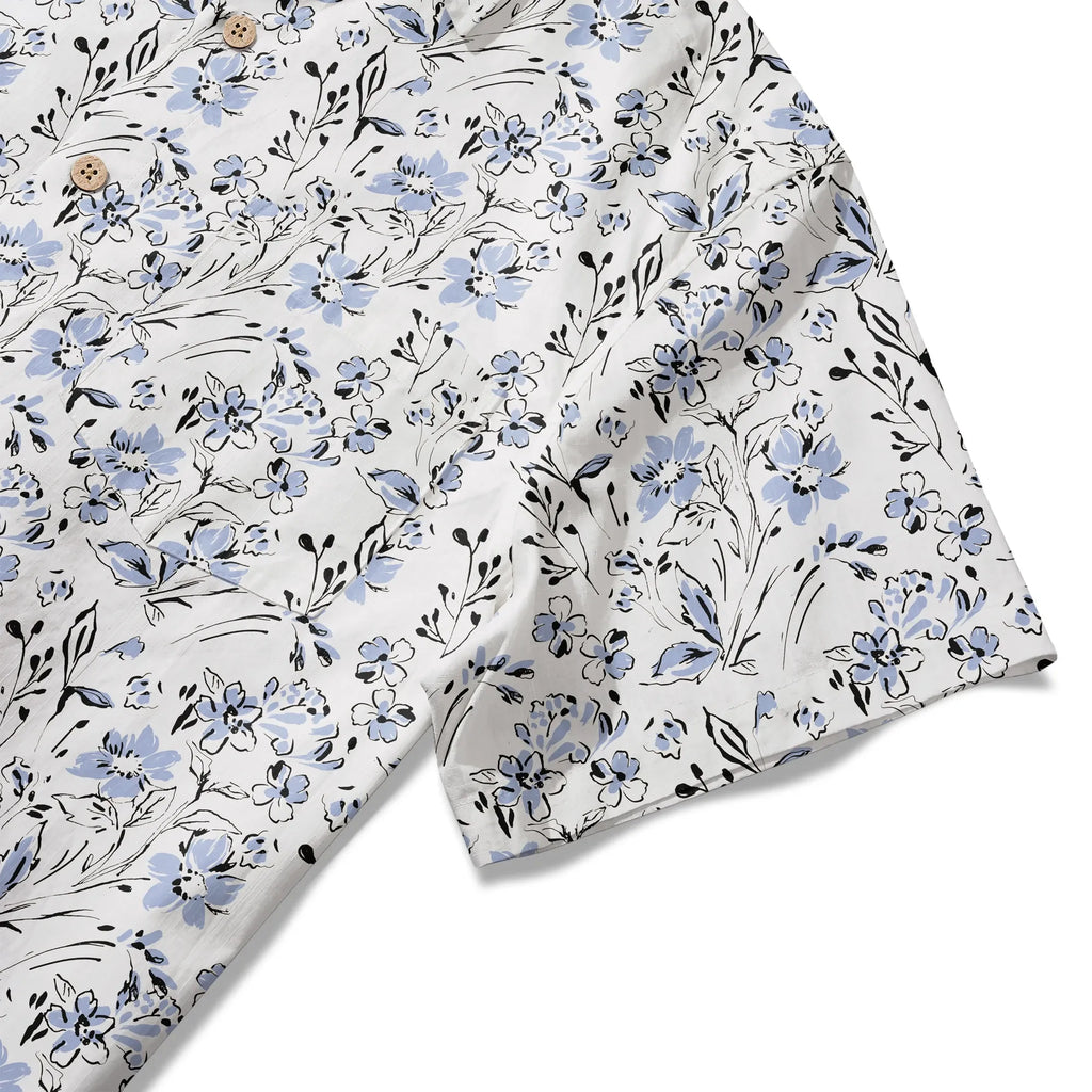 LeosWare® Men's Hawaiian Shirt Short Sleeve Button-up 100% Cotton Blue Aloha Graceful Sky Flowers By Huan huan