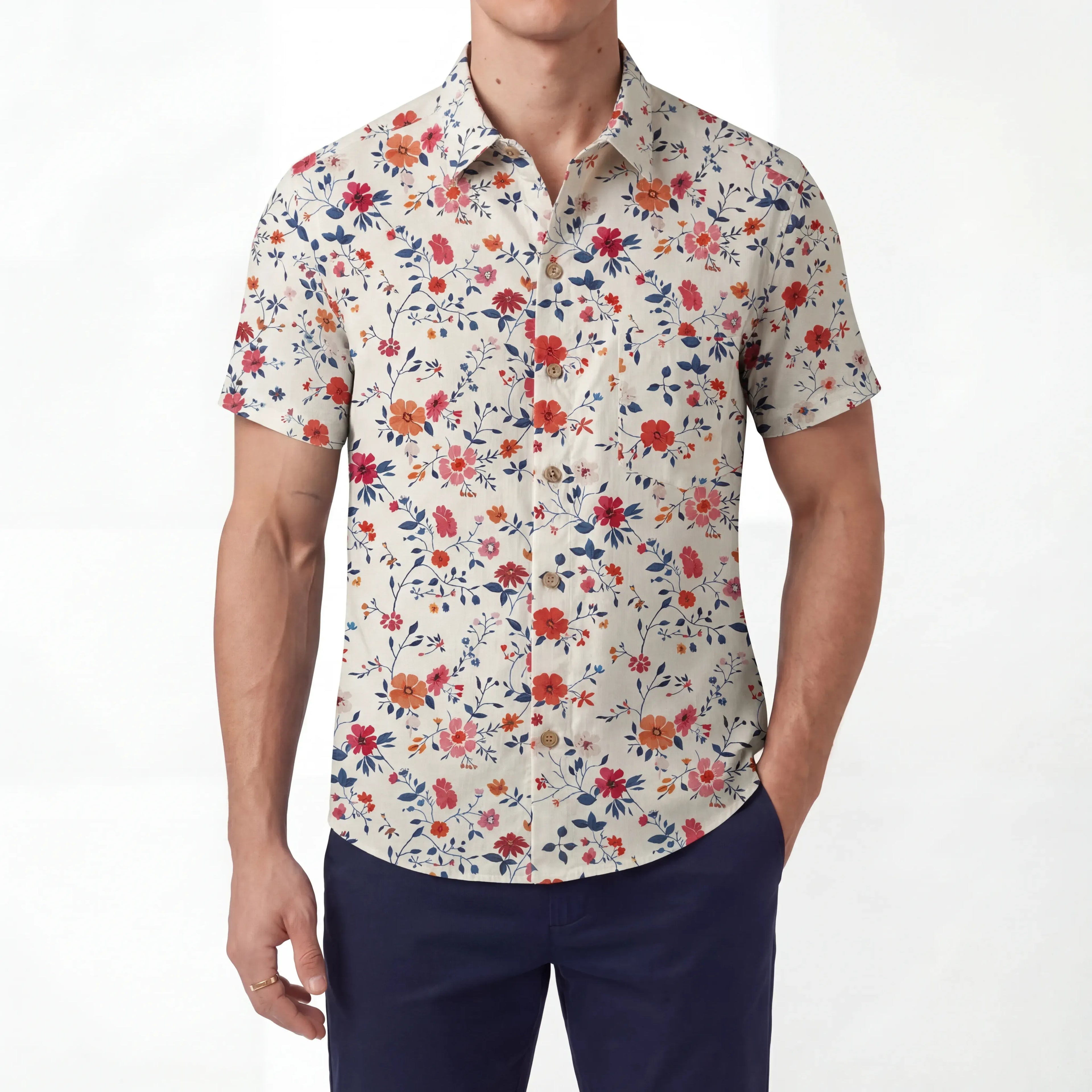 LeosWare® Men's Hawaiian Shirt Short Sleeve Button-up 100% Cotton Blue Aloha Joyful Garden By Huan huan