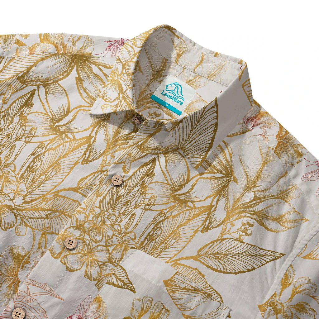 LeosWare® Men's Hawaiian Shirt Short Sleeve Button-up 100% Cotton Yellow Aloha Tropical Blossoms By Huan huan