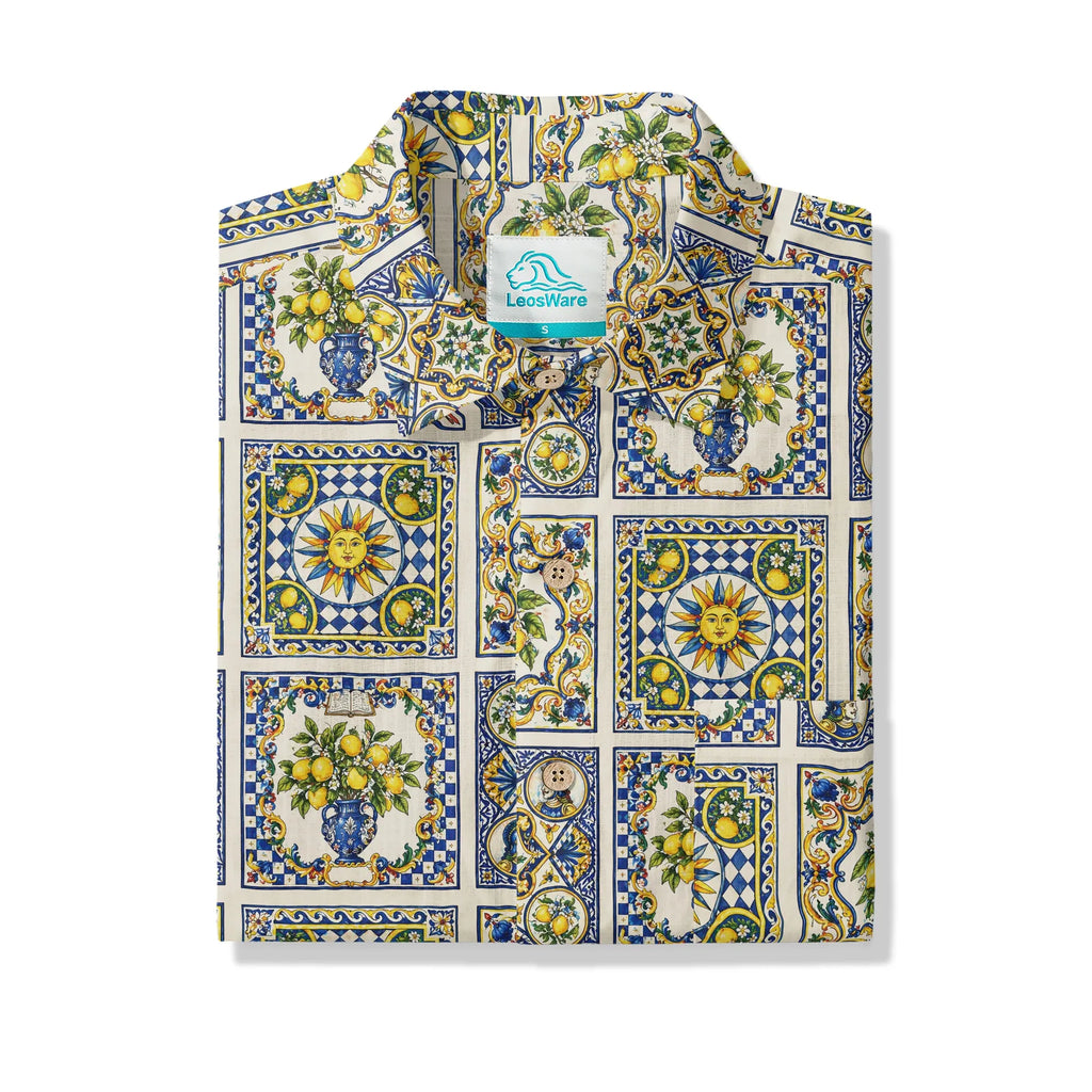 LeosWare® Men's Hawaiian Shirt Short Sleeve Button-up 100% Cotton Blue Aloha Sicilian Sunlit Lemon By Huan huan