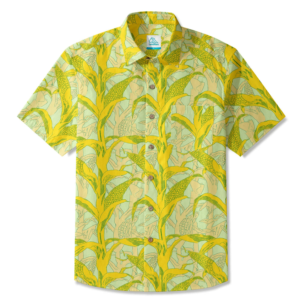 LeosWare® Men's Hawaiian Shirt Short Sleeve Button-up 100% Cotton Yellow Aloha Golden Summer Harvest By Ann