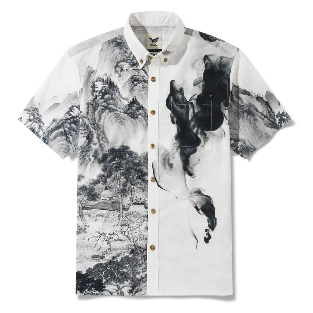 Men's Hawaiian Shirt Short Sleeve Button-down 100% Cotton Black Aloha Oriental Inkscape By DUDU