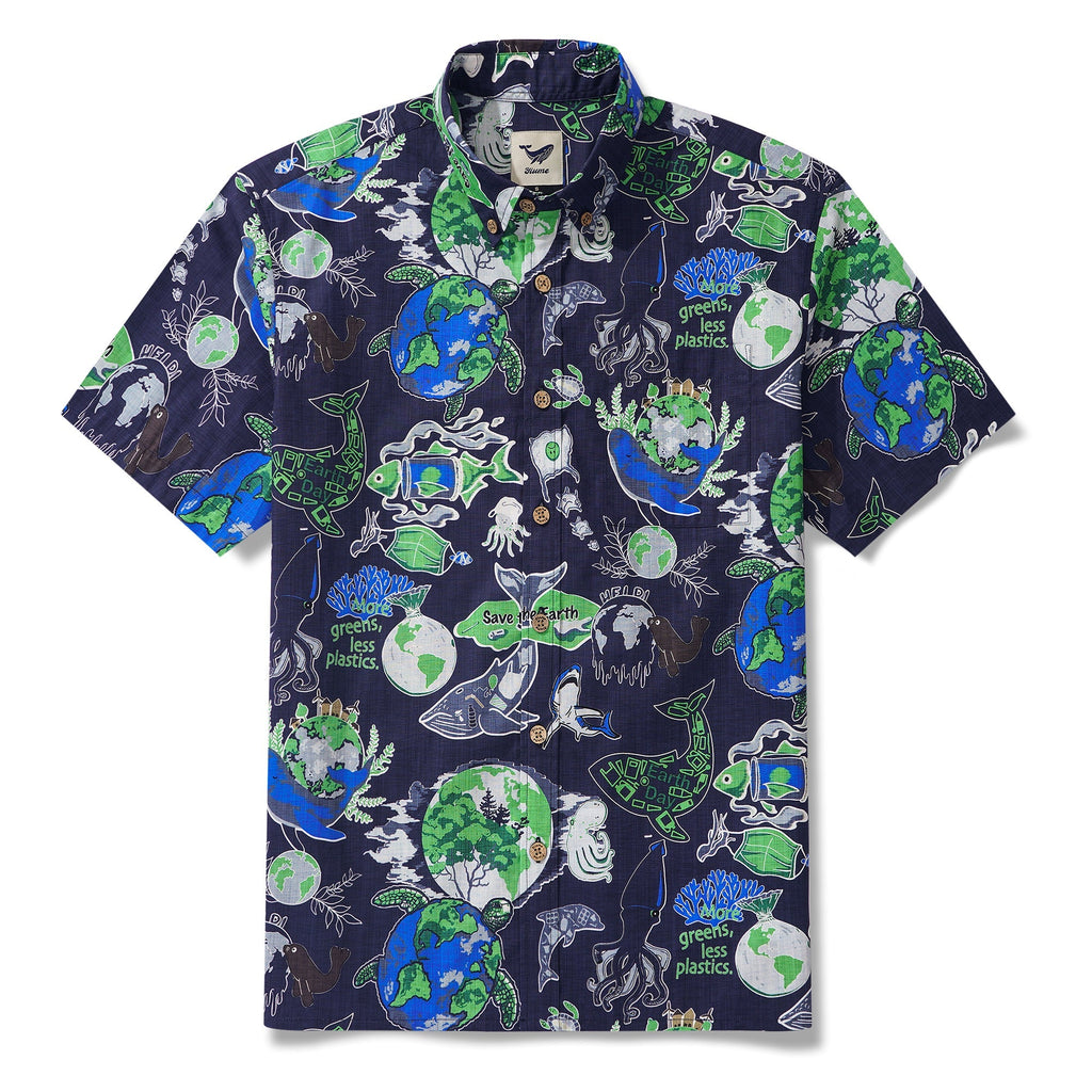 Men's Hawaiian Shirt Short Sleeve Button-down 100% Cotton Aloha Save Earth By Yana