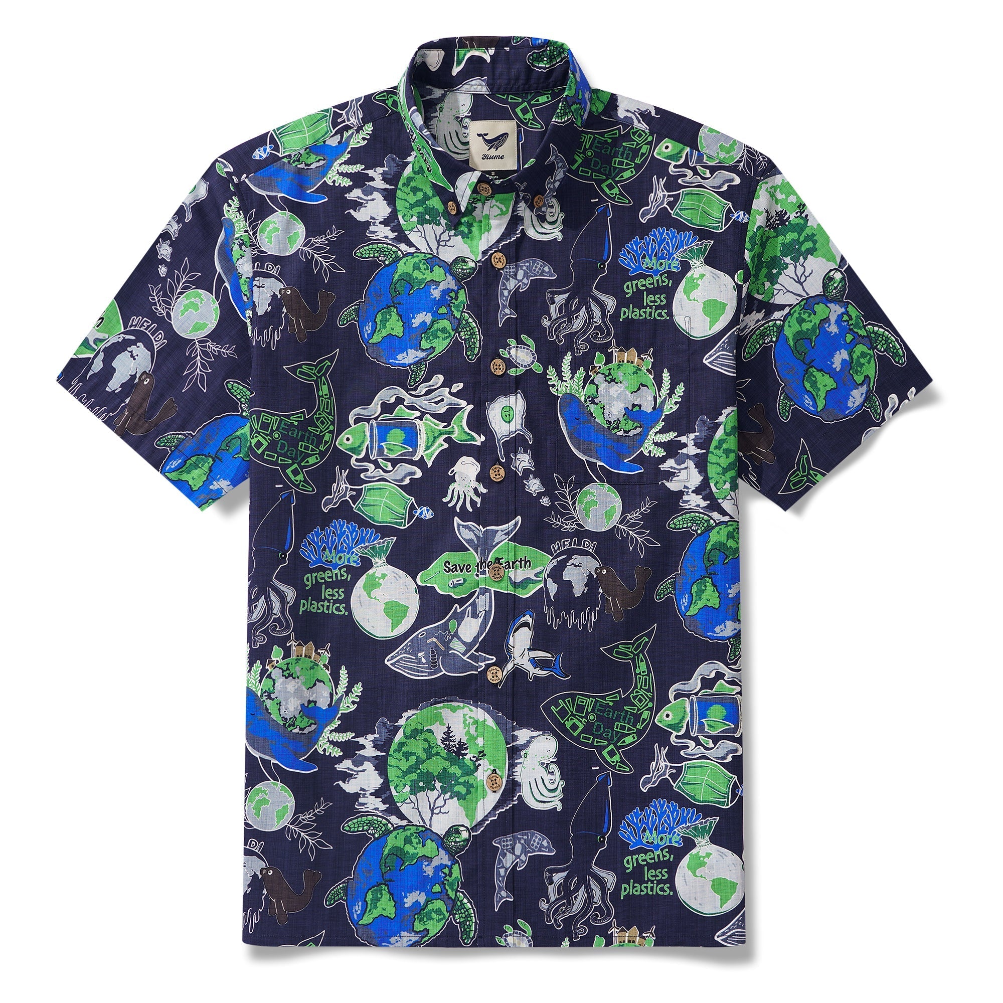 Men's Hawaiian Shirt Short Sleeve Button-down 100% Cotton Aloha Save Earth By Yana