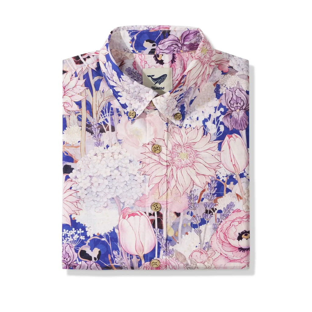 Men's Hawaiian Shirt Short Sleeve Button-down 100% Cotton Blue Aloha Hidden Garden By Huan huan